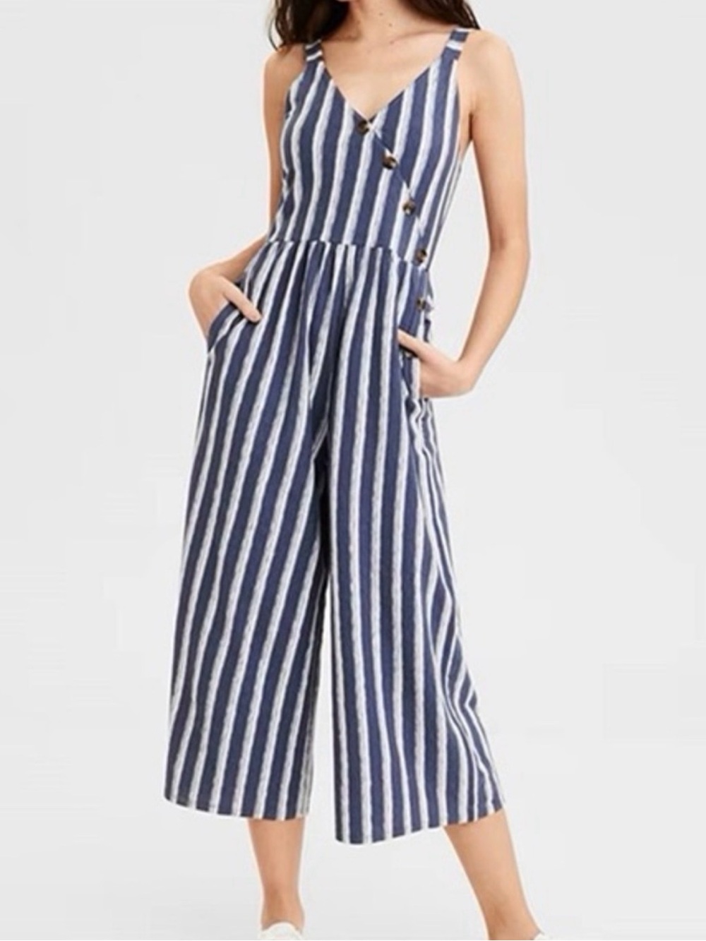 American Eagle Striped Navy & White Sleeveless Jumpsuit